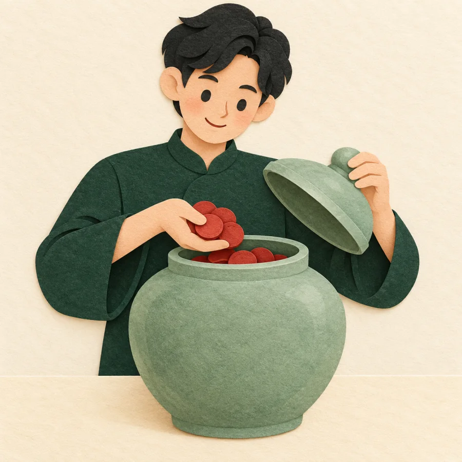 A person lifts a jade jar lid and takes a handful of coins