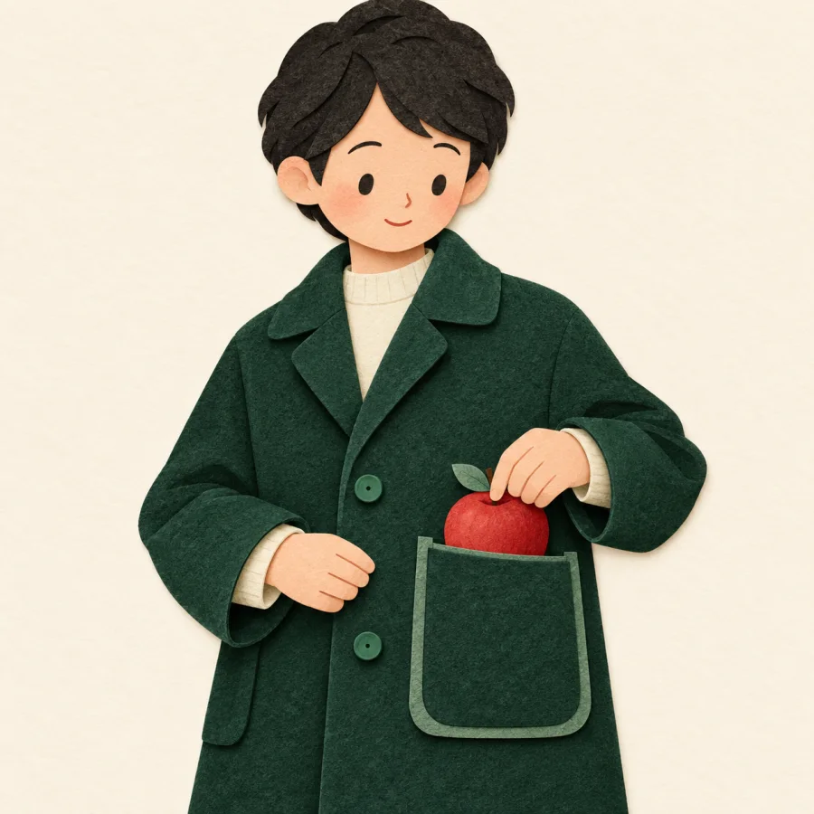 A person in a green coat slides a red apple into a big pocket