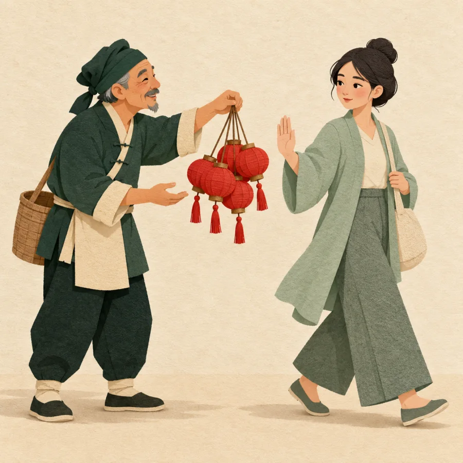 A street vendor holds red lanterns out to a passerby
