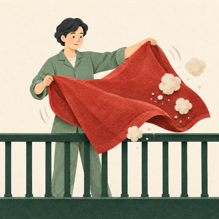 A person shakes out a red blanket as dust flies