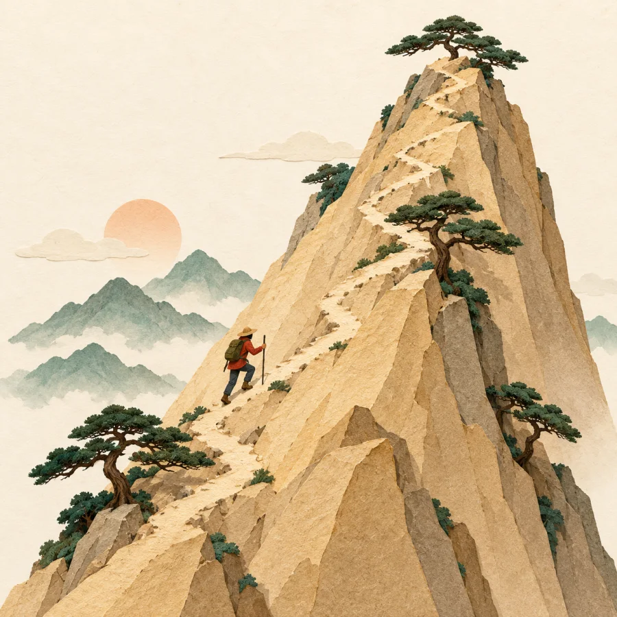 A hiker with a stick climbs a very steep slope