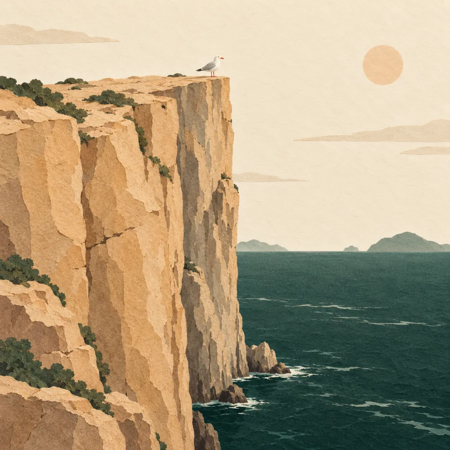 A sheer rock cliff above a dark sea with a lone gull