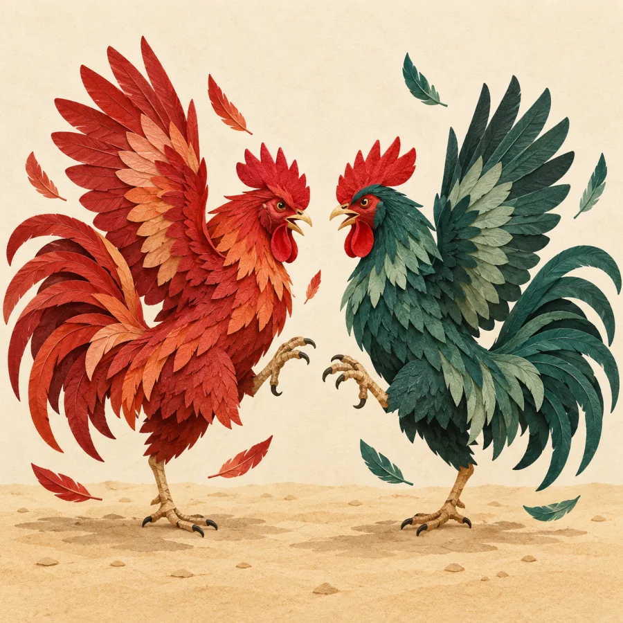 A red and a green rooster fight with feathers flying