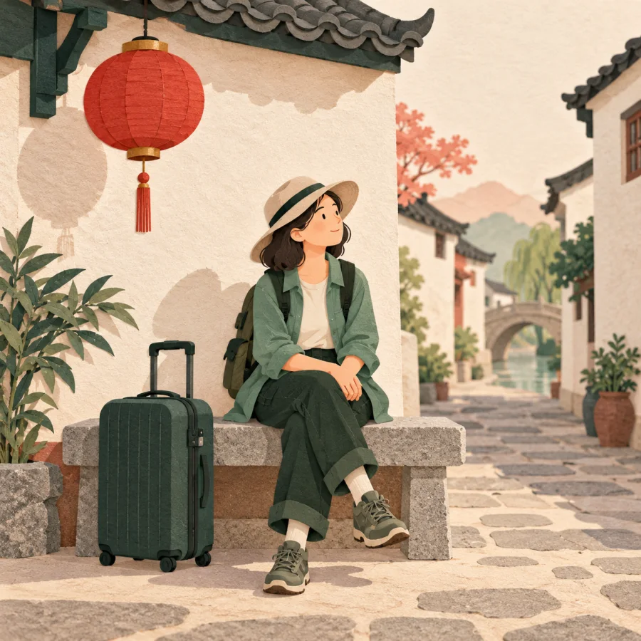 A traveler sits on a bench by an old street with a suitcase