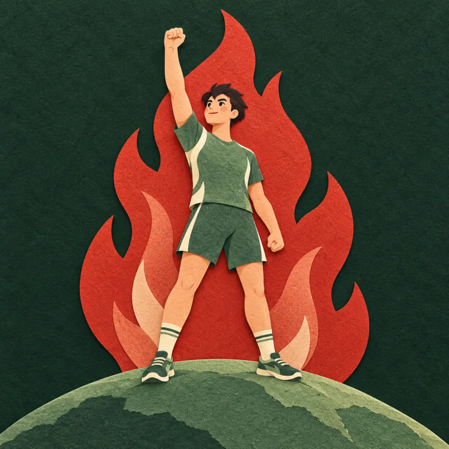 An athlete with a raised fist and a red flame behind