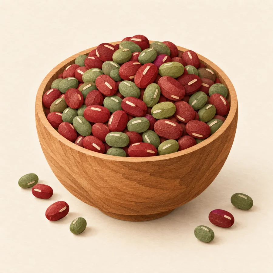 A wooden bowl full of red and green beans
