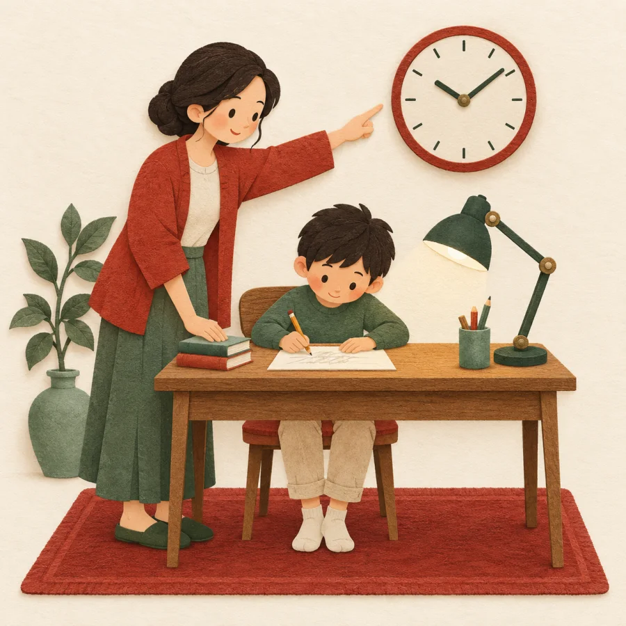 A parent points at a wall clock as a child writes at a desk