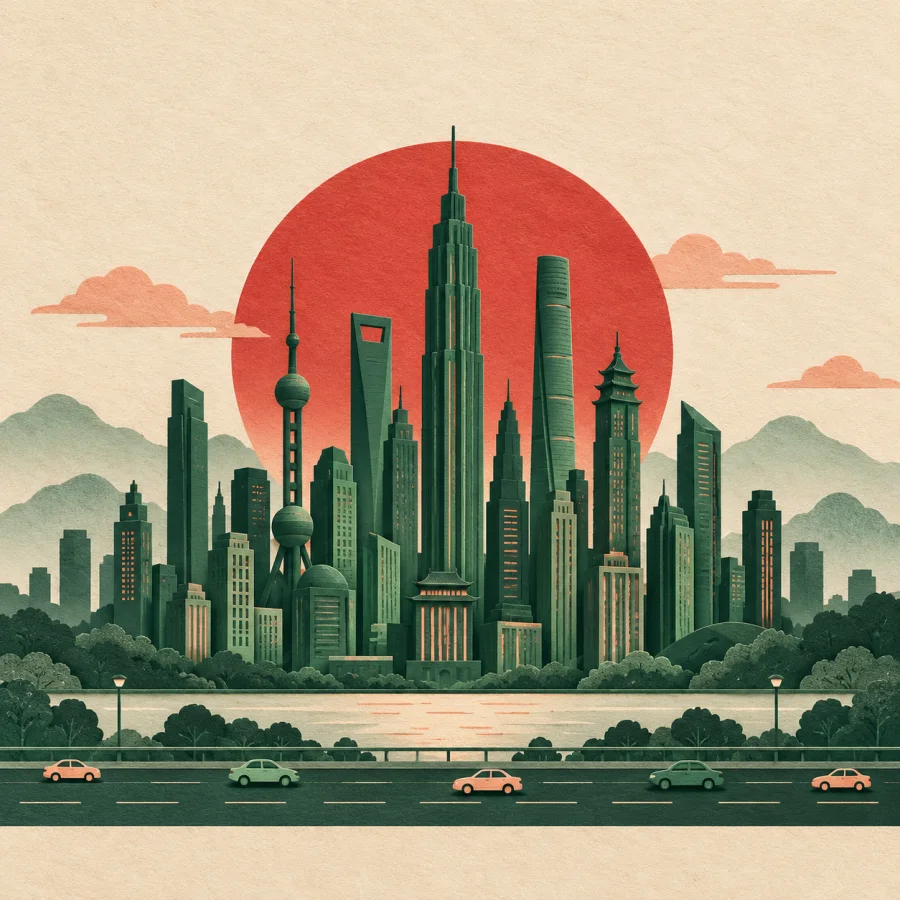 A big city skyline with tall green towers