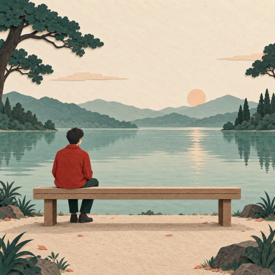 A person sits alone on a bench by a lake