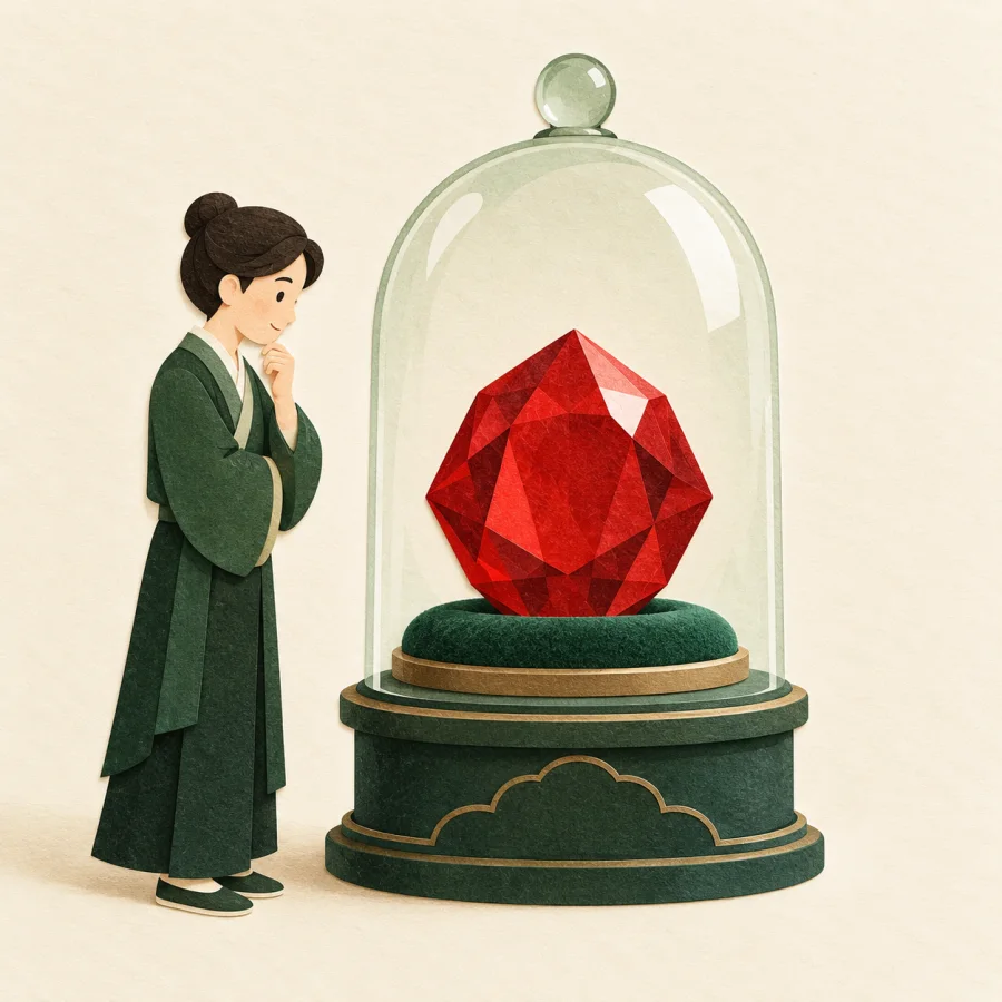 A single red gem on a stand under a glass dome
