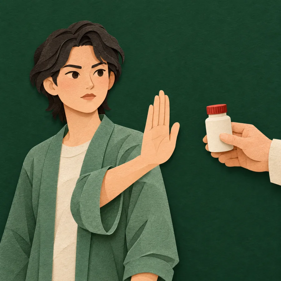 A palm refuses a small bottle of pills