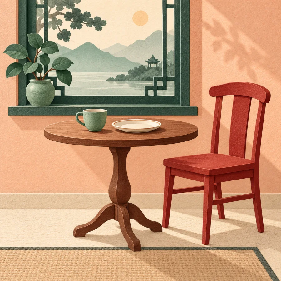 A small table set for one with a cup by a plant