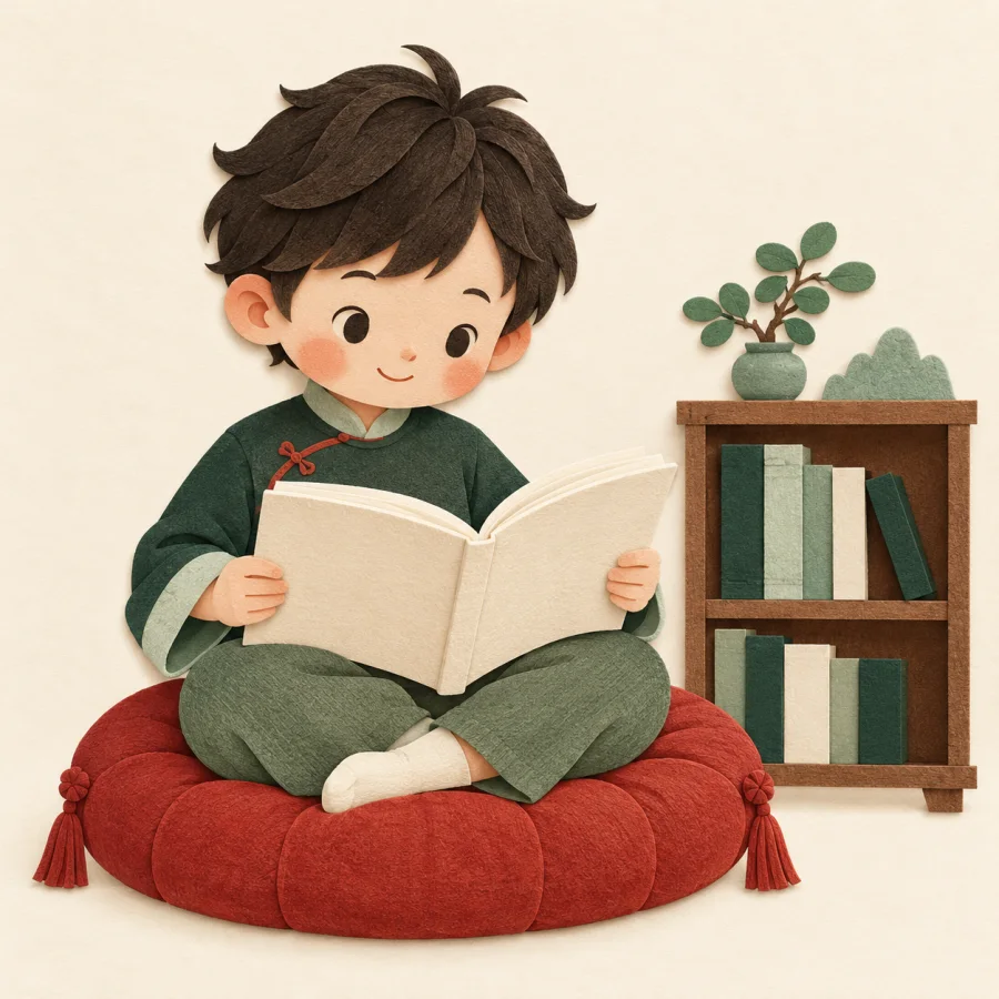 A child reads a book on a cushion beside a low shelf