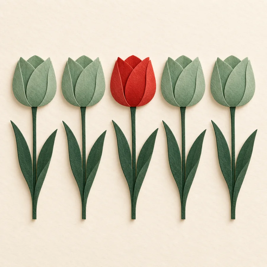 A single red tulip among a row of identical green ones