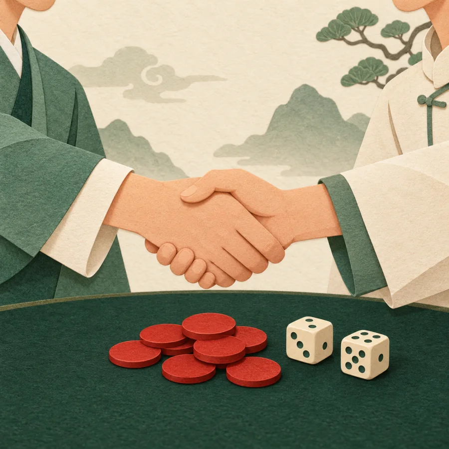 Two friends shake hands over coins and dice