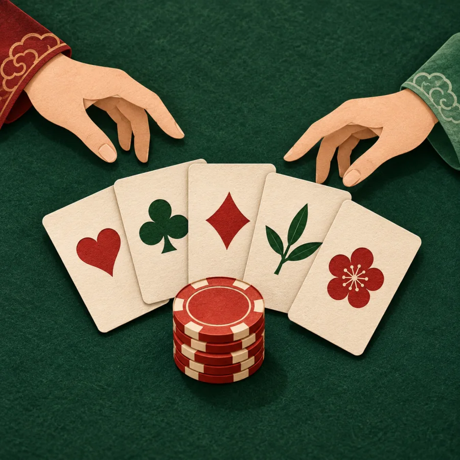 A fan of playing cards and a stack of red chips on a table