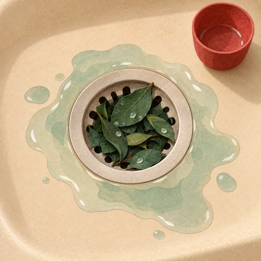 A sink drain clogged with leaves and water pooling