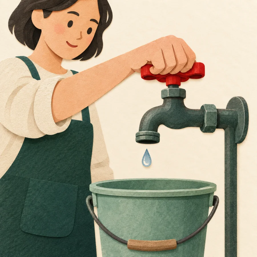 A person turns off a tap as a last drop falls into a bucket