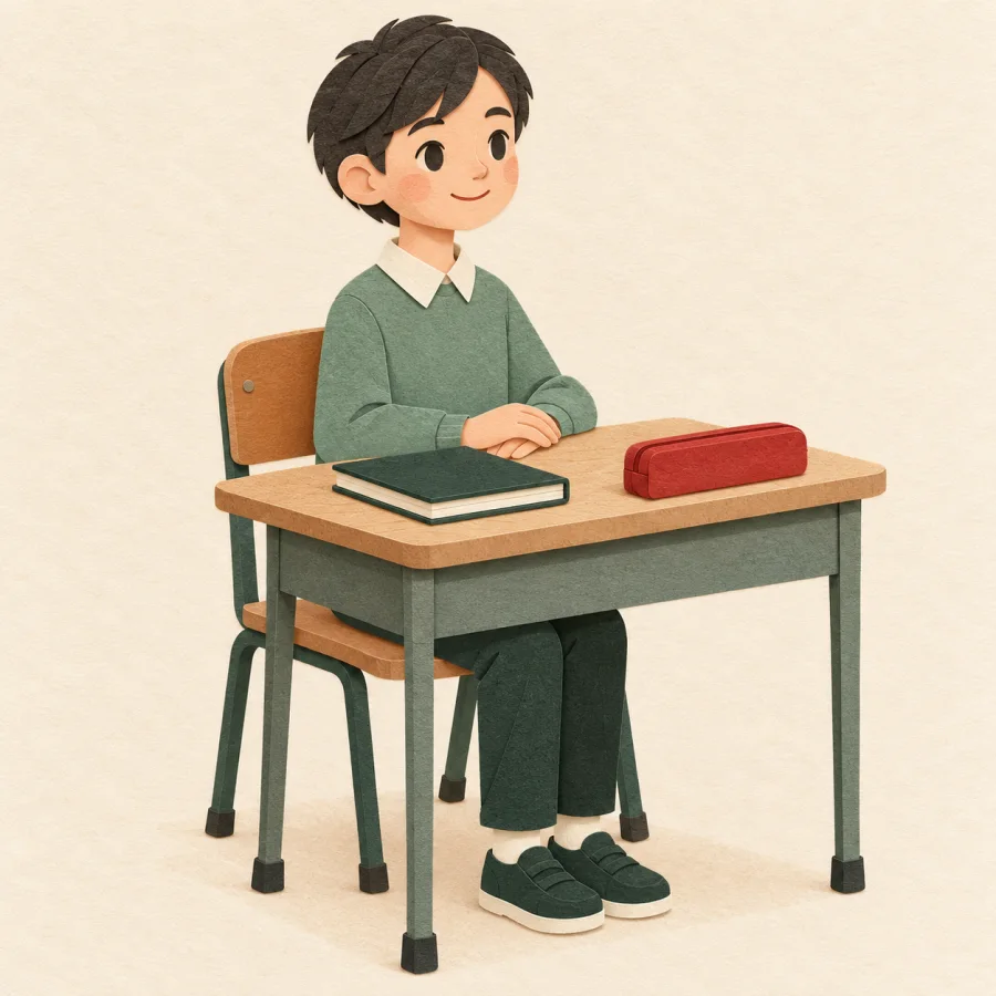 A student sits upright at a desk with folded hands