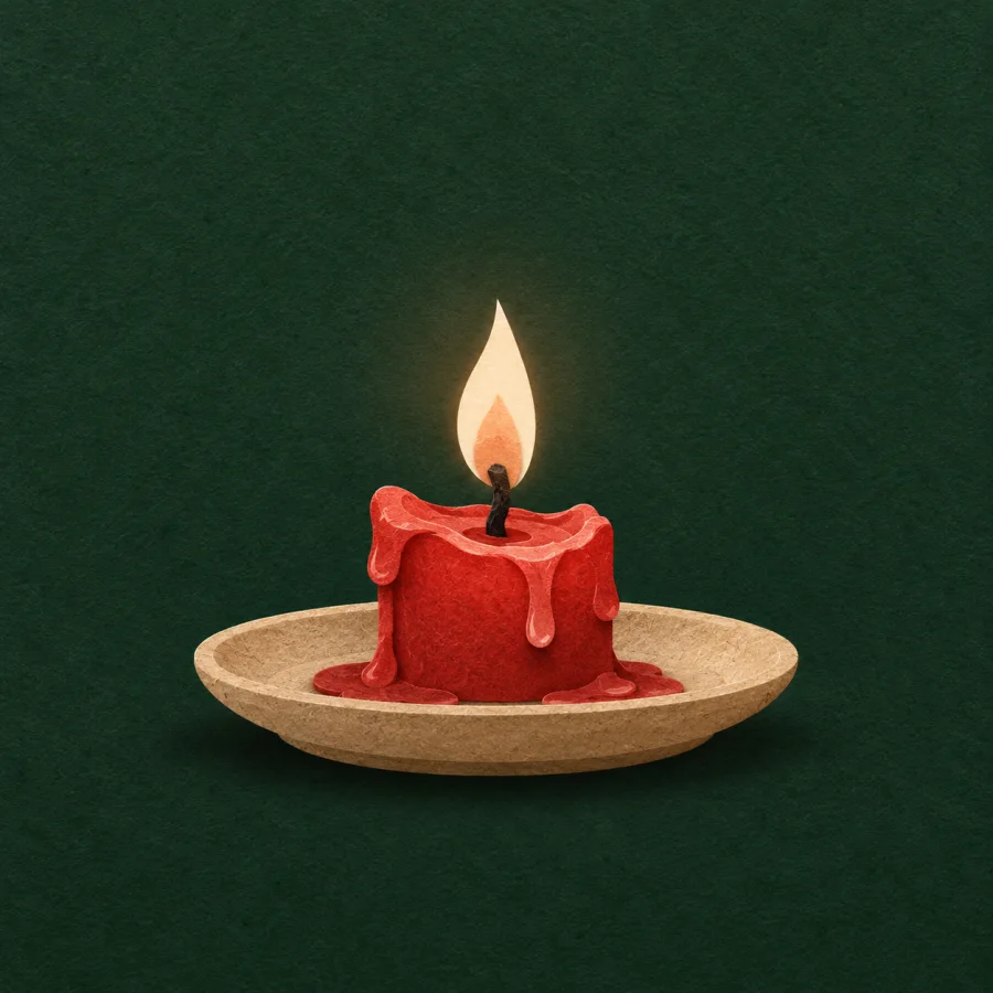 A nearly burnt-out red candle with a tiny flame