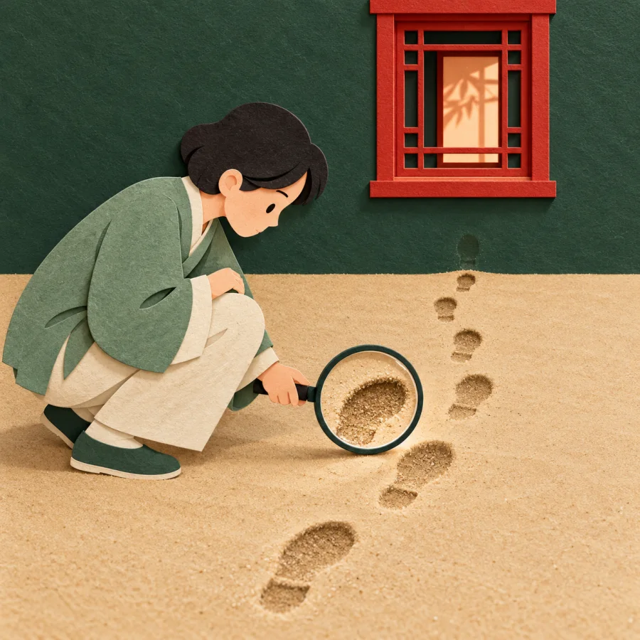 A person with a magnifying glass studies footprints by a window