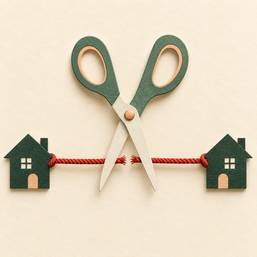 Scissors cut a red rope between two small houses