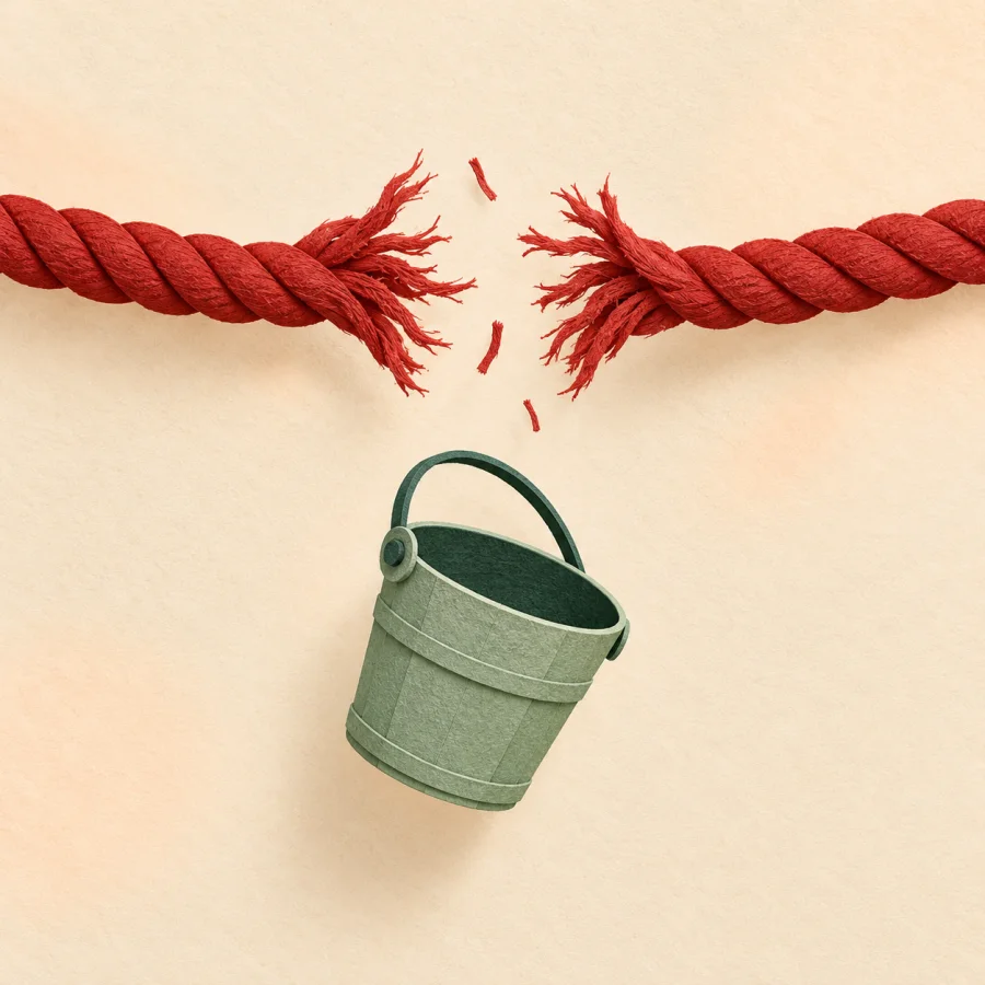 A thick red rope snaps as a bucket falls below
