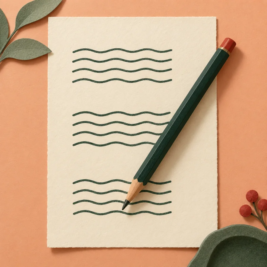 A page with three blocks of wavy lines and a pencil