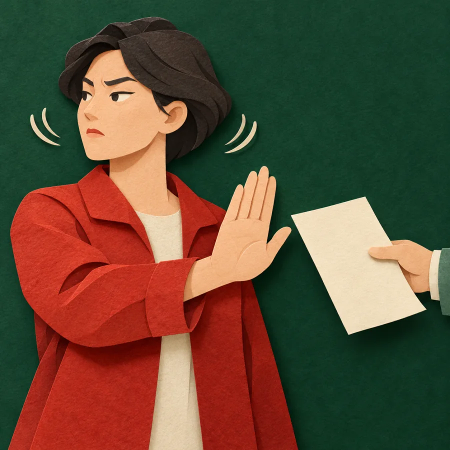 A person raises a palm to refuse an offered paper