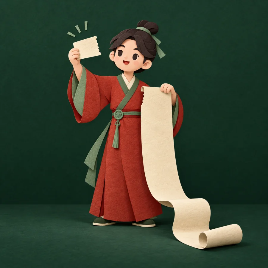A person tears a strip from a long scroll and holds it up