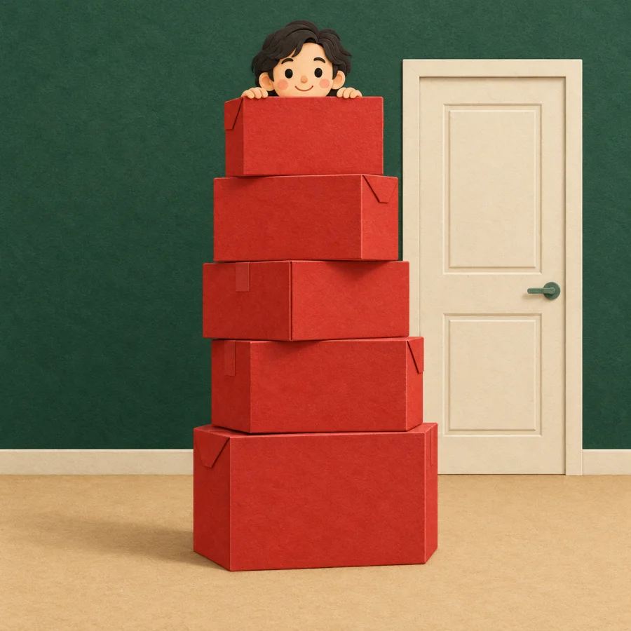 A tall pile of red boxes by a door with a person peeking over