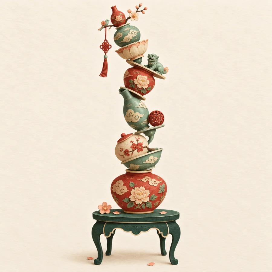 A wobbling tower of ornate vases and trinkets on a table