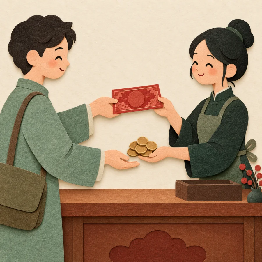 A person hands over a big note and gets a handful of small coins