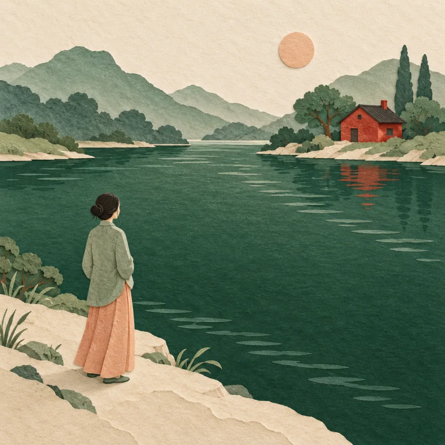 A person on a riverbank looks at a red house across the river