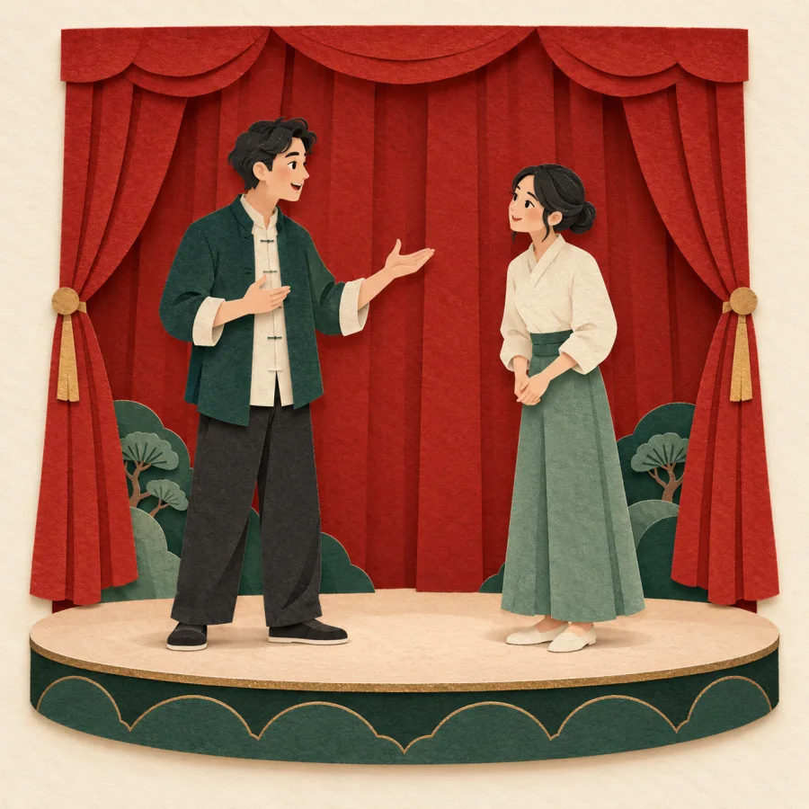 Two actors face each other on a small stage before a red curtain