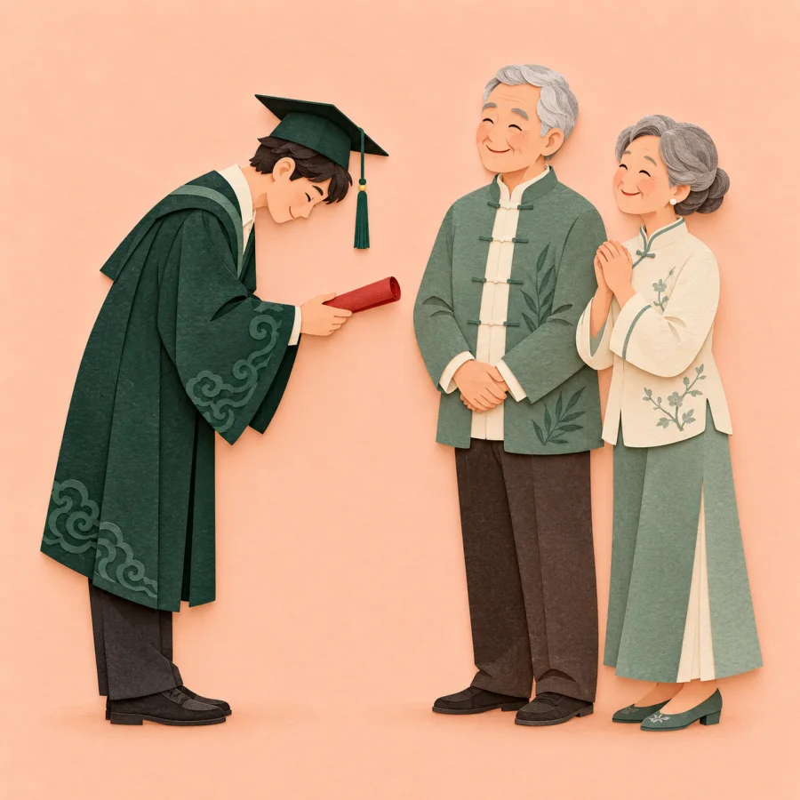 A graduate with a red scroll bows to two older people