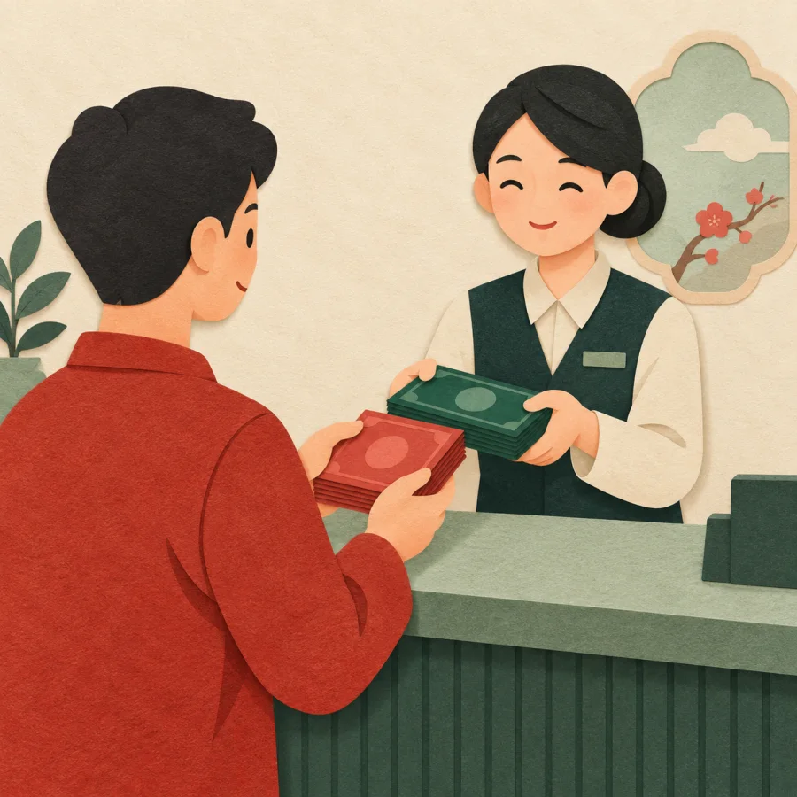 A customer at a counter swaps red banknotes for green ones
