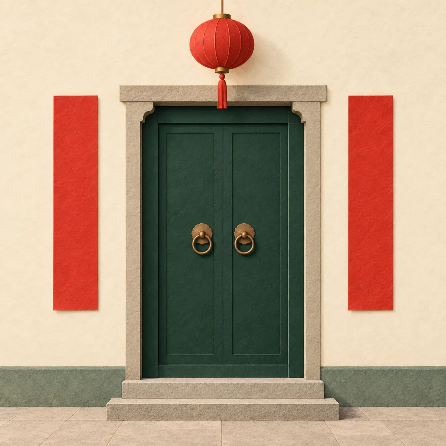 Two long red paper strips on either side of a green door