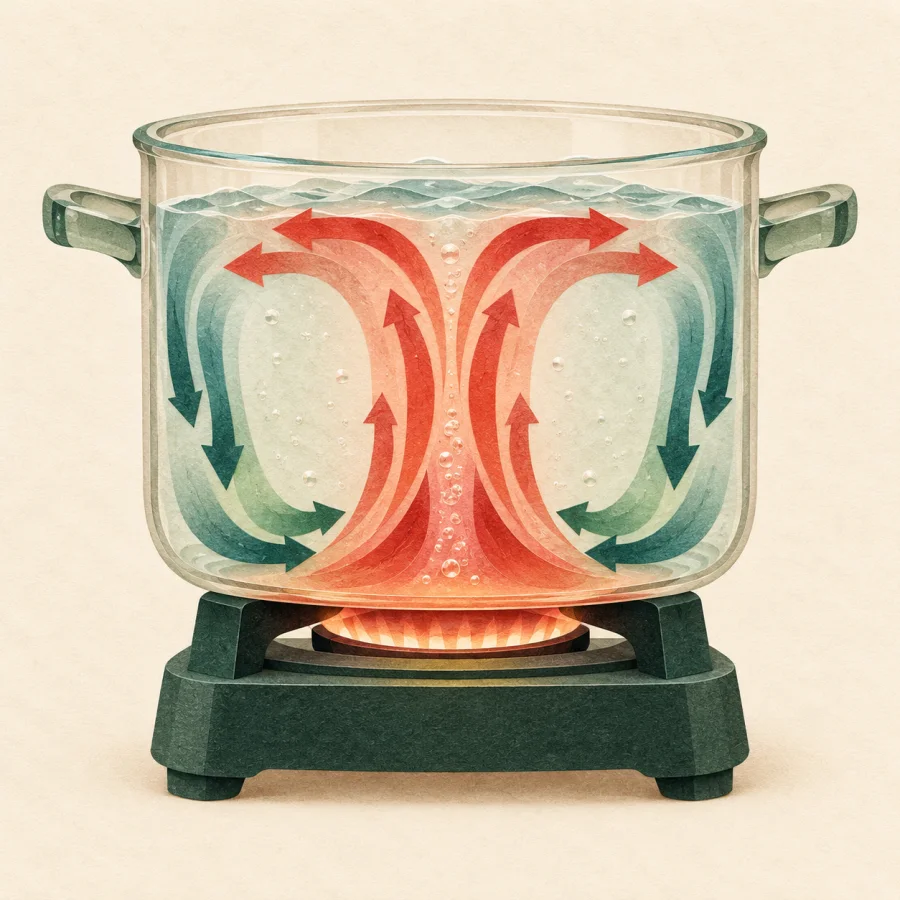 A pot of water on a stove with warm and cool currents circling