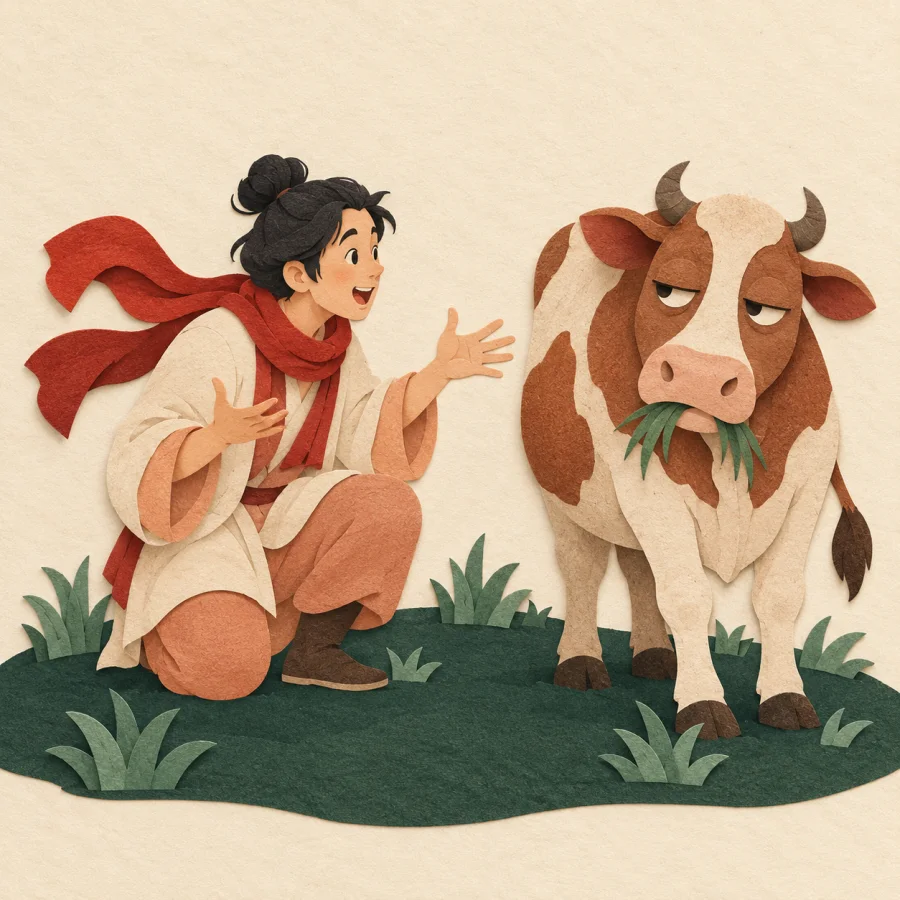 A person explains eagerly to a bored cow