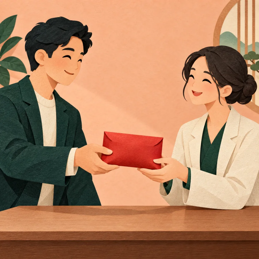 A person hands a colleague a plump red envelope