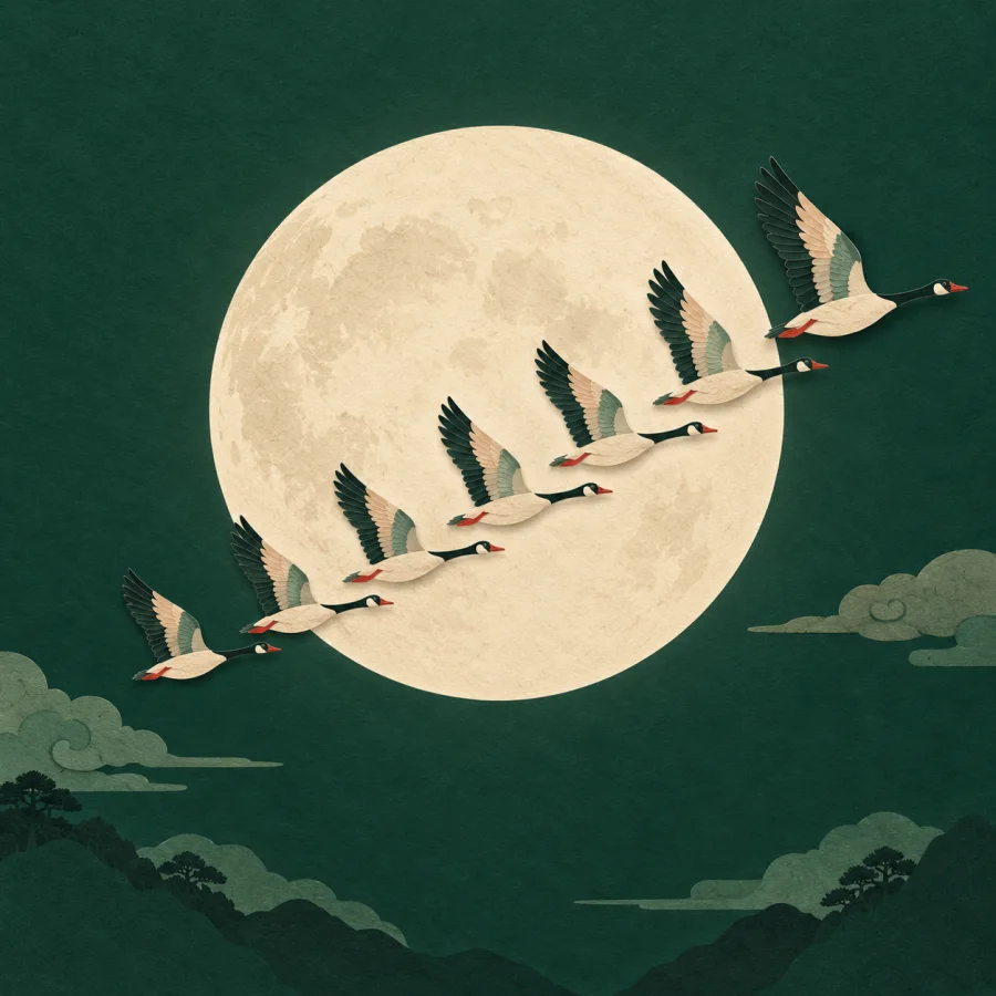 A flock of geese flies in a wedge across a dark sky
