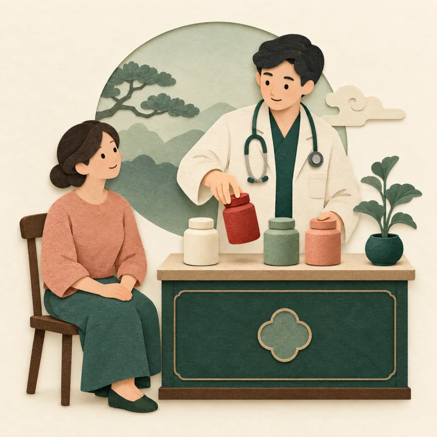 A doctor picks the right bottle from a row of medicines