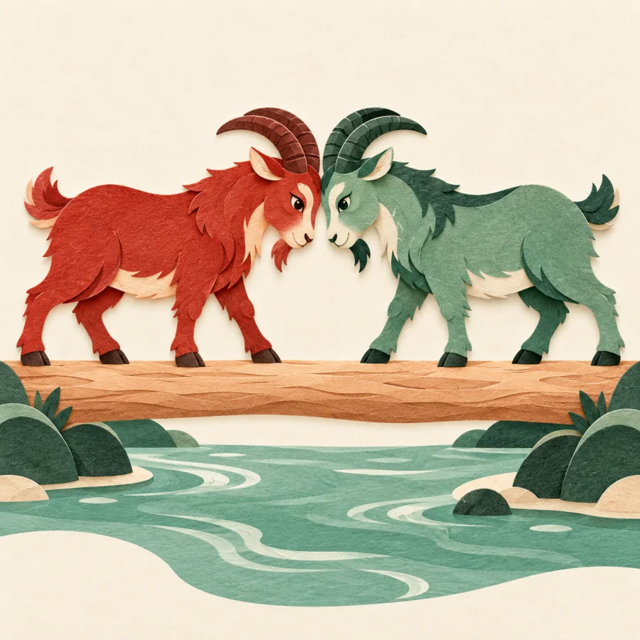 Two goats stand head to head on a narrow bridge