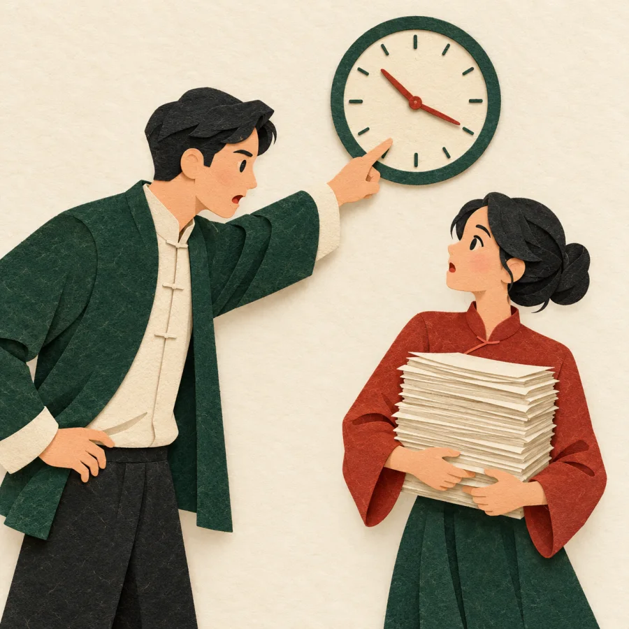 A person points at a wall clock, urging another