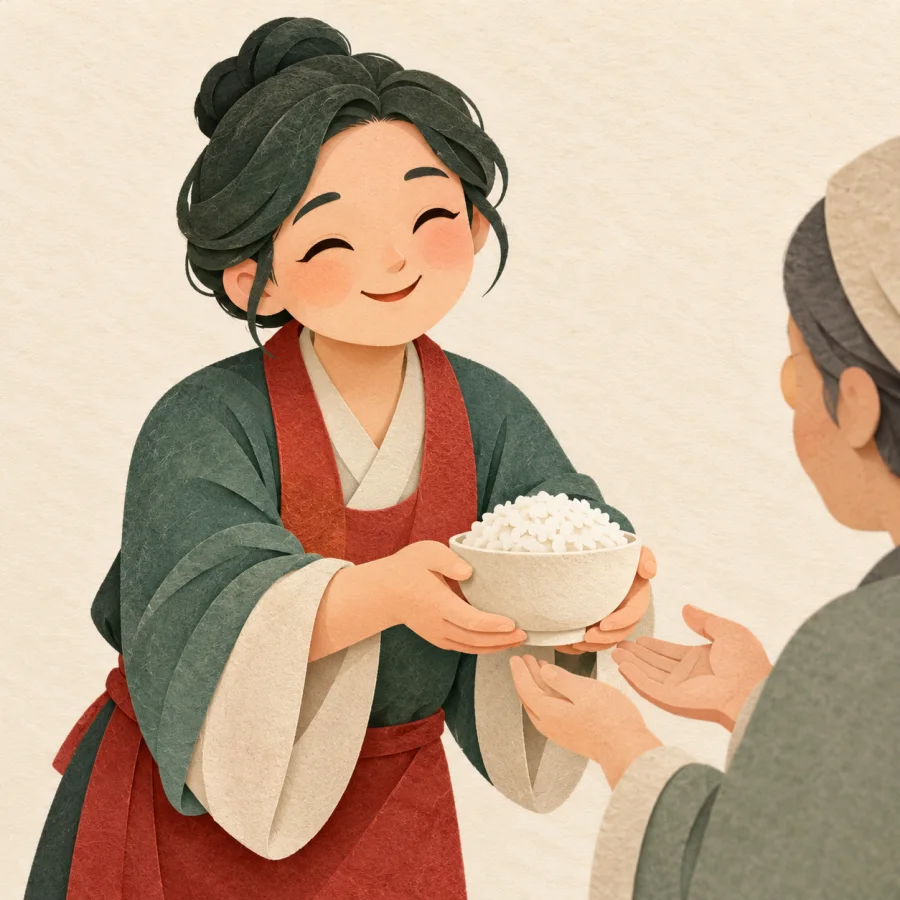 A kind person smiles and hands a neighbour a bowl of rice