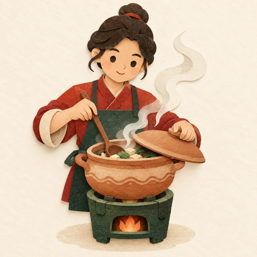 A person stirs a steaming clay pot on a small stove