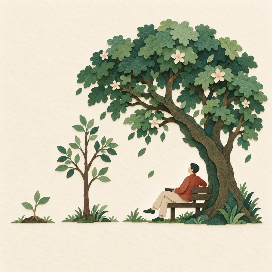A person on a bench beside a tree shown at several ages
