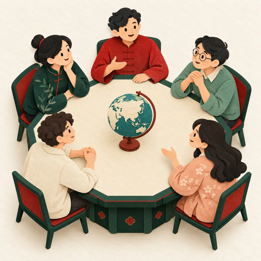 People sit around a many-sided table with a globe