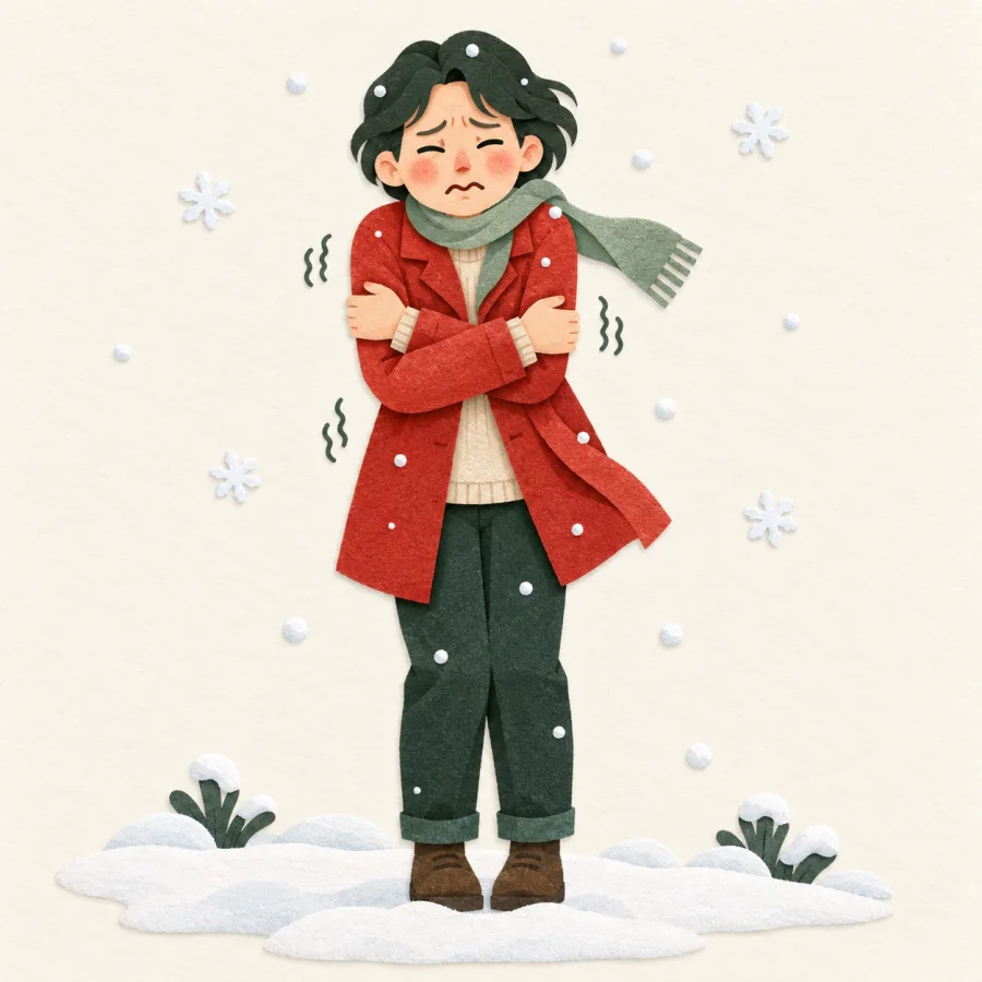 A person in a thin coat shivers in the snow